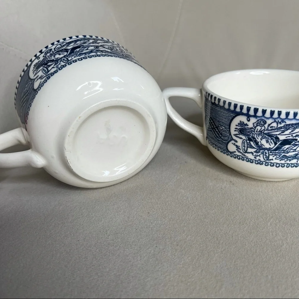 Vintage Currier & Ives Blue Cup Horse and Carriage Coffee Mug USA Made Set Of 2